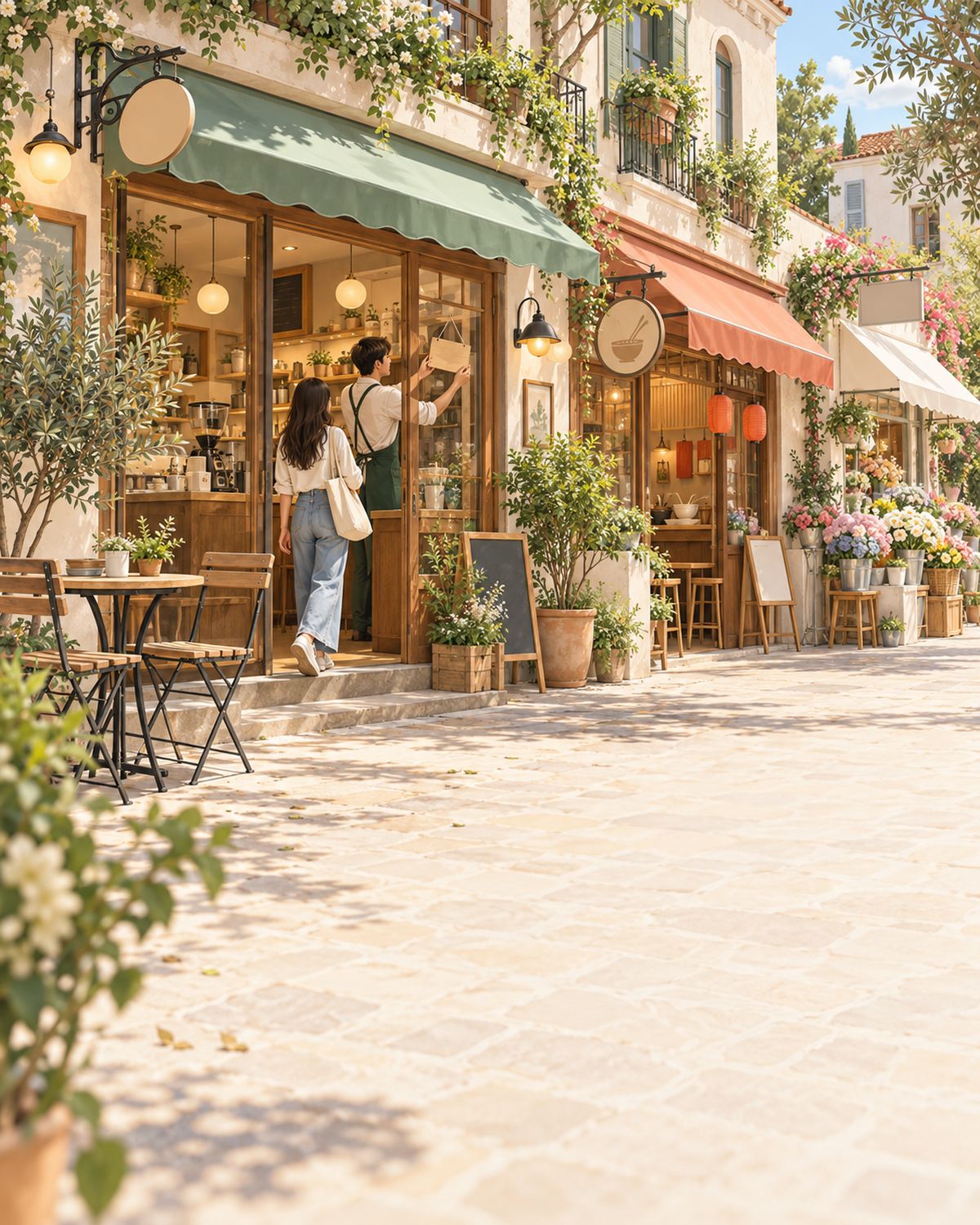 Illustration: a customer enters a neighbourhood shop as its owner hangs an open sign.