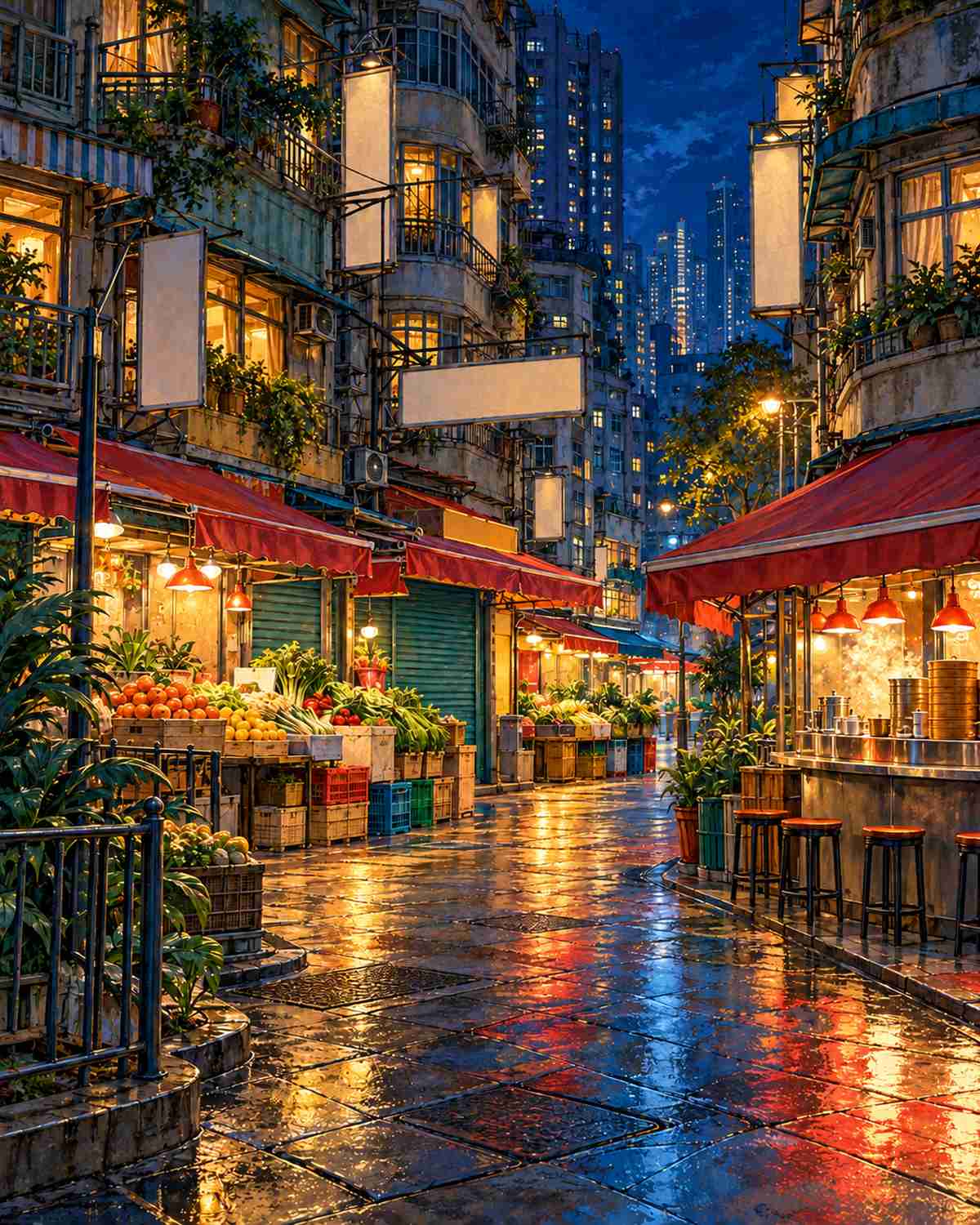 香港入夜街市、紅色簷篷與唐樓巷道的原創插畫，並非真實店舖實拍。