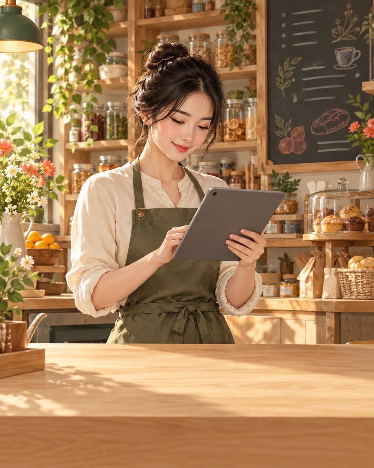 Illustration: a shopkeeper works on a tablet behind the counter.