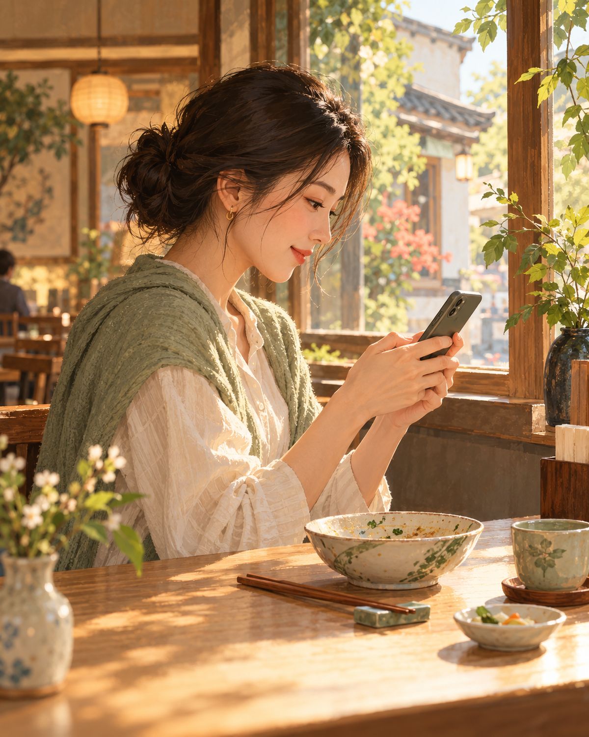 Illustration: a diner writes a review on a phone by a restaurant window.